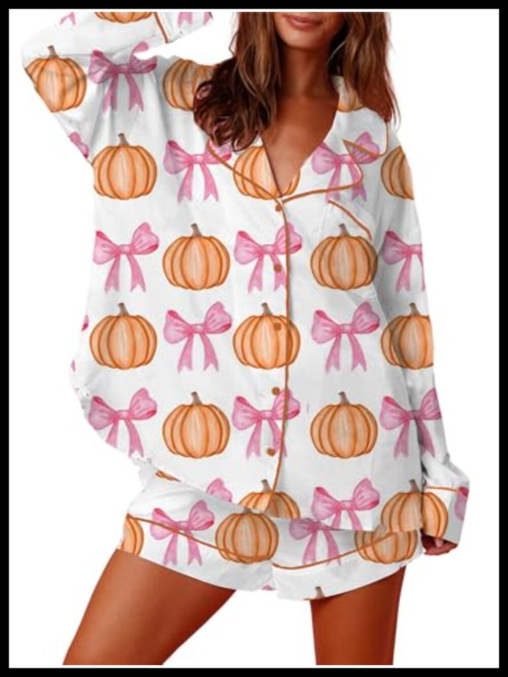 Women Halloween Satin Silk Pajama Set Pumpkin Bow Button Down Lounge